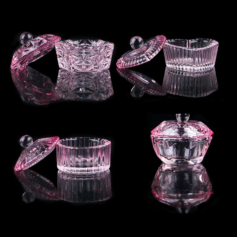 Pink Crystal Glass Dappen Dish Acrylic Powder Liquid Holder Container Geometric Nail Lid Cup Bowl Manicure Accessories