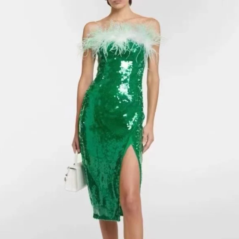 

2024 New Arrival Spring Summer High Quality Green Fur Chest Shining Sequined Slit Tube Knee Length Dress