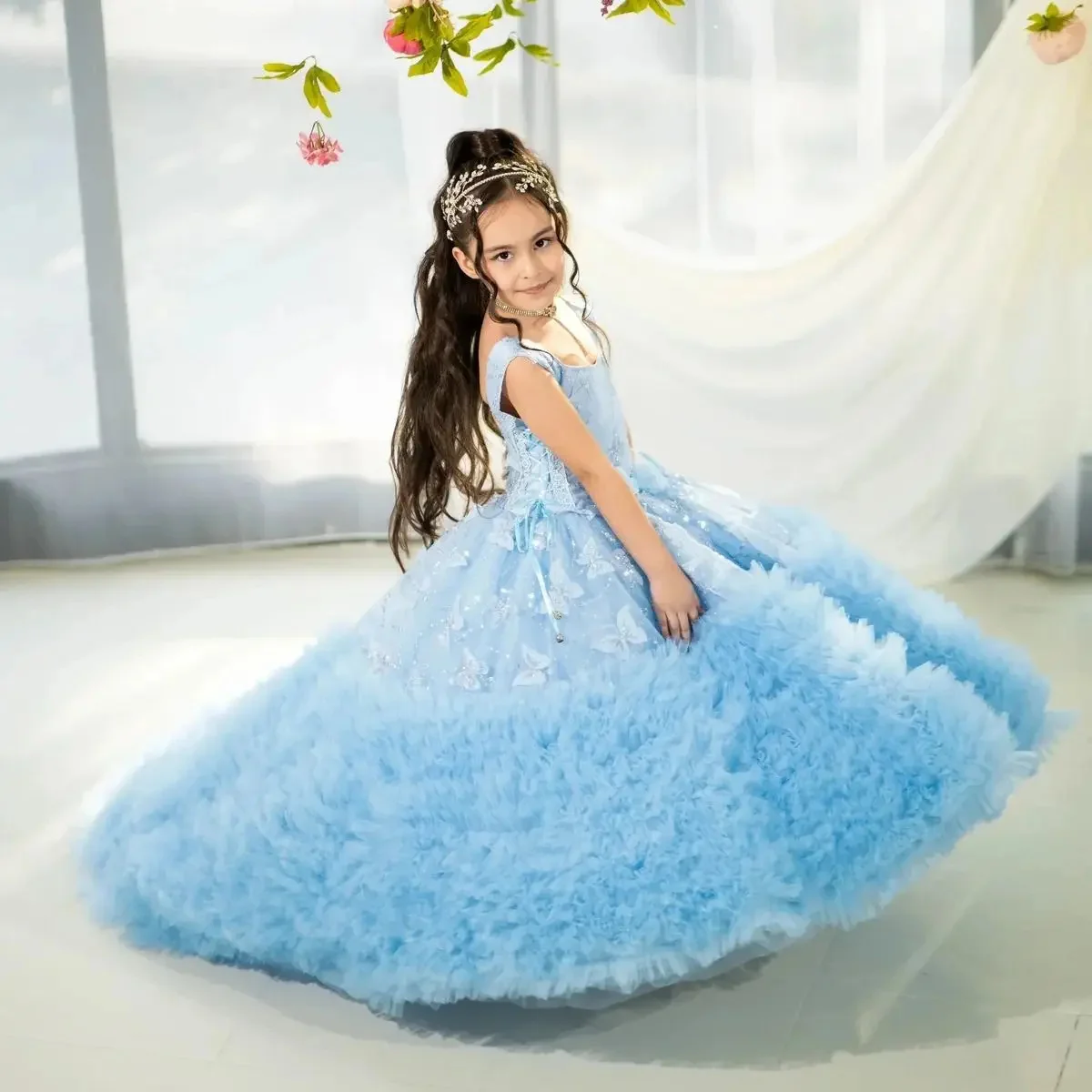 Flower Girl Dress for Wedding Butterfly Appliques Sleeveless Ruffles Tiered First Communion Birthday Party Ball Gown Custom