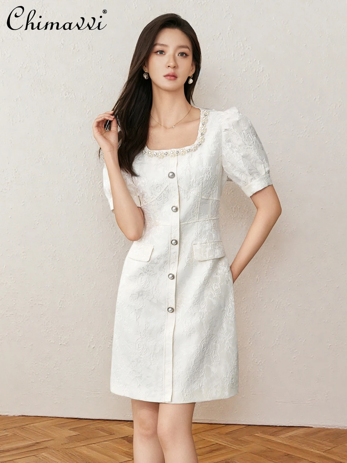 

French Elegant Socialite Jacquard Bead Diamond Square Neck Short Sleeve Single-breasted High Waist A-line Dress For Women Summer