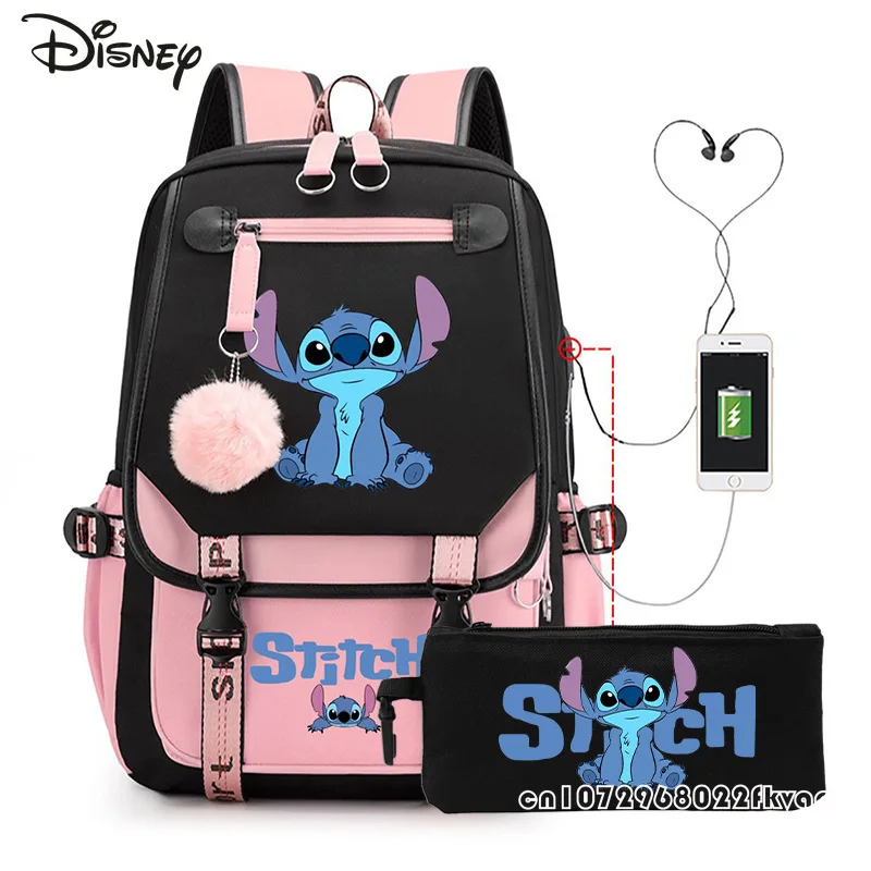 Disney Stitch New Men's USB Backpack Fashion High Quality Travel Backpack Cartoon Versatile Large Capacity Student Backpack