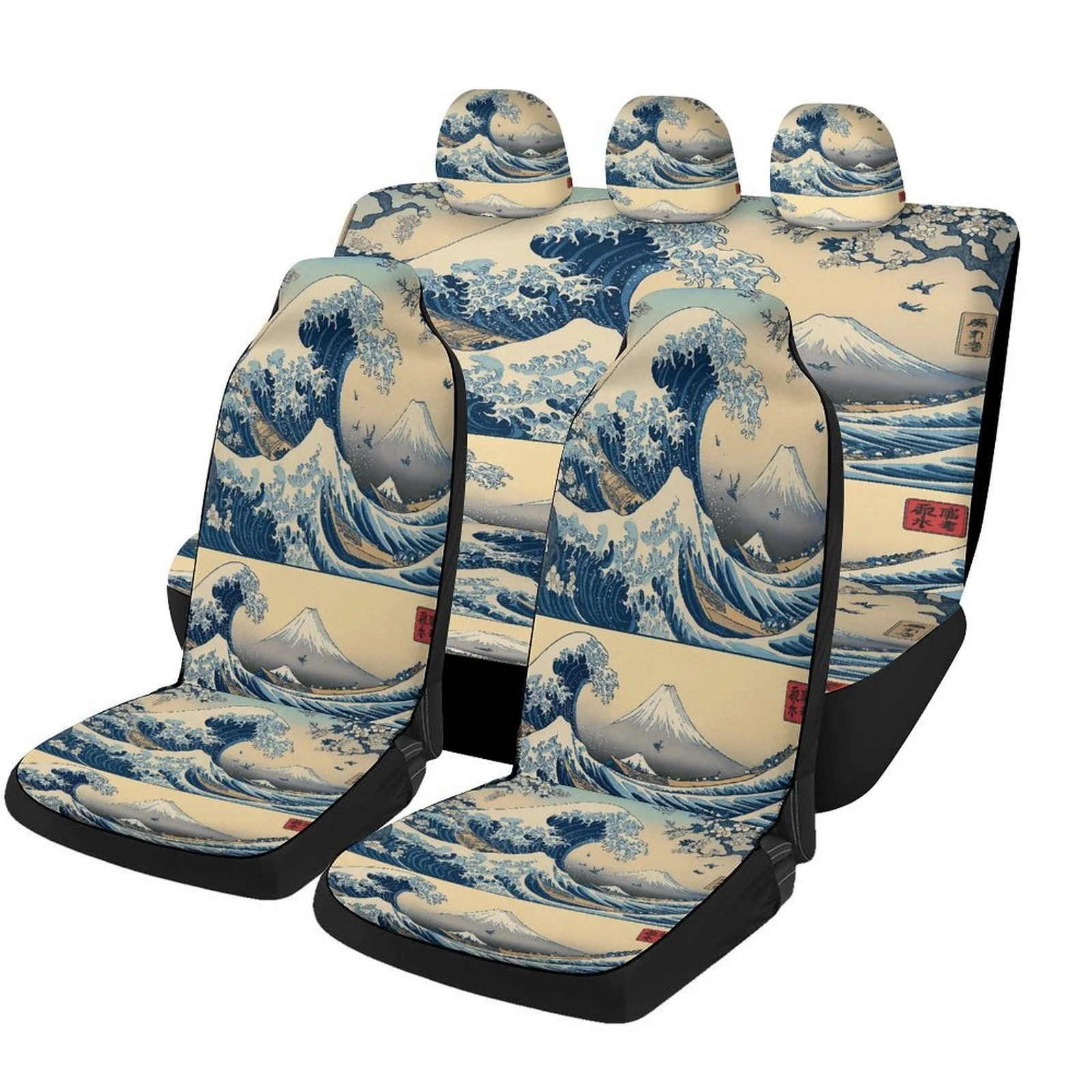 Set Of Mount Wave Themed Car Seat Covers Suitable For Various Vehicles, Stylish And Cozy Covers For Car Seats, Complete Set Incl