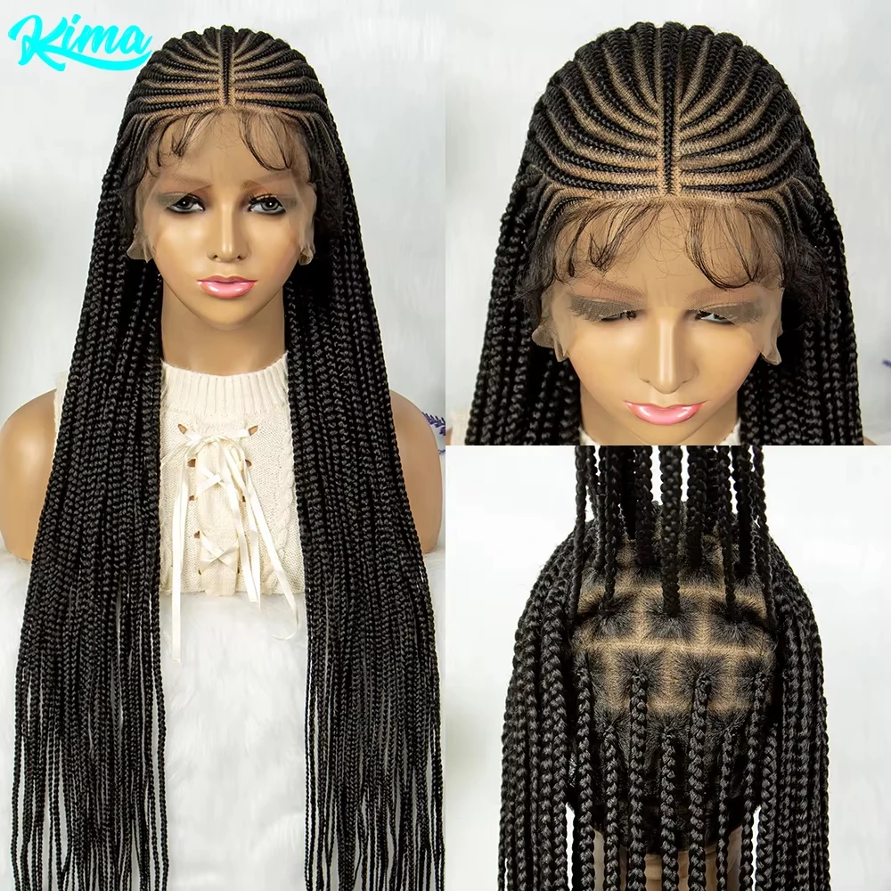 Wig kepang renda penuh kotak Cornrow Wig depan renda sintetis untuk Afrika Wanita Wig kepang pria dengan Wig kepang rambut bayi