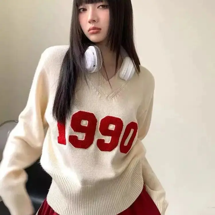 

Pullover Sweater V Neck Letter Patchwork Autumn Y2k Aesthetic Harajuku Pullovers Womens Casual Sweater Sweet Vintage Streetwear