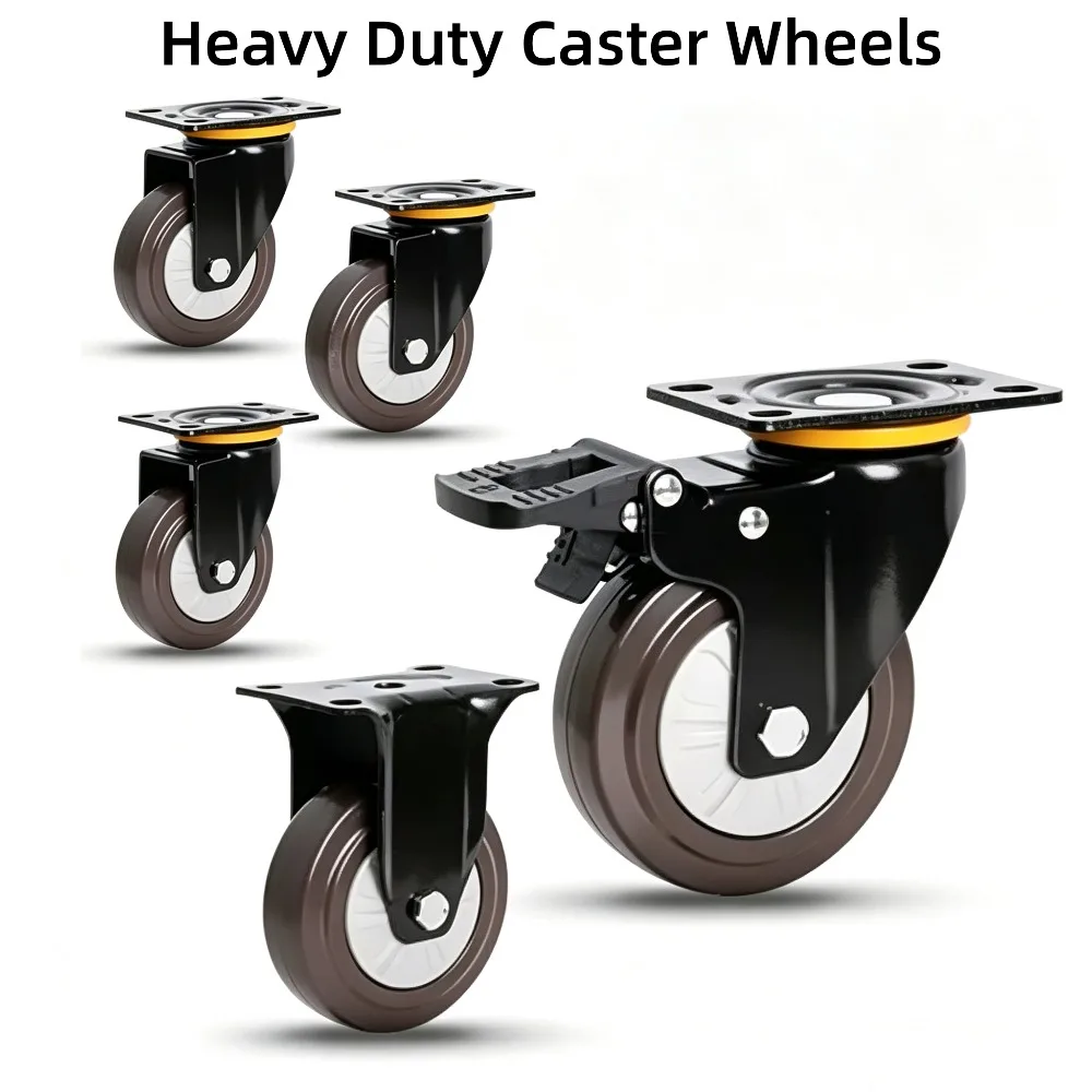 Industrial Heavy Duty Rubber Caster 3/4/5in Swivel Universal Wheel Directional Lock Brake Silent Wheel For Flatbed Hand Trolley
