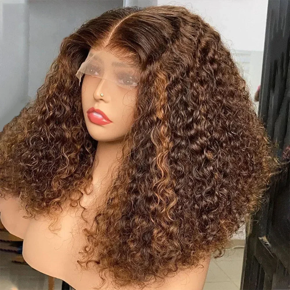 Loira marrom Kinky Curly peruca dianteira do laço para mulheres negras, cabelo macio do bebê, 180 densidade, resistente ao calor, pré-arrancadas, sem cola, longo, 26"