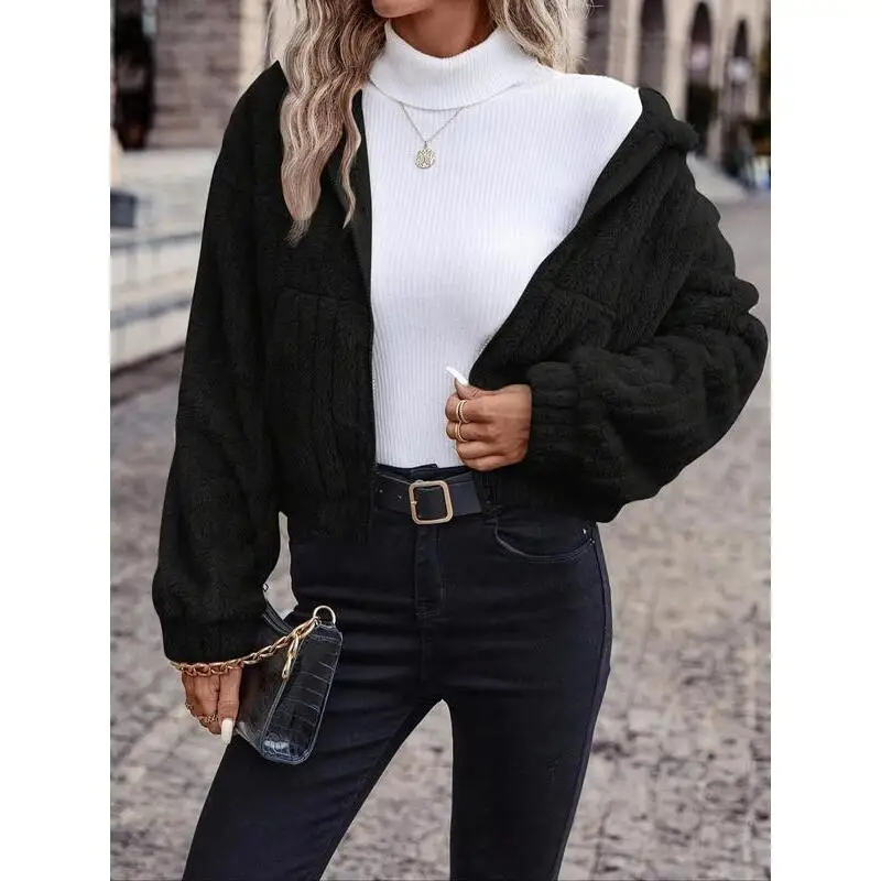 Women's Color Pocket Zip up Fuzzy Hooded Jacket Soft Cozy Short Outerwear for Summer Fashionable Casual Style
