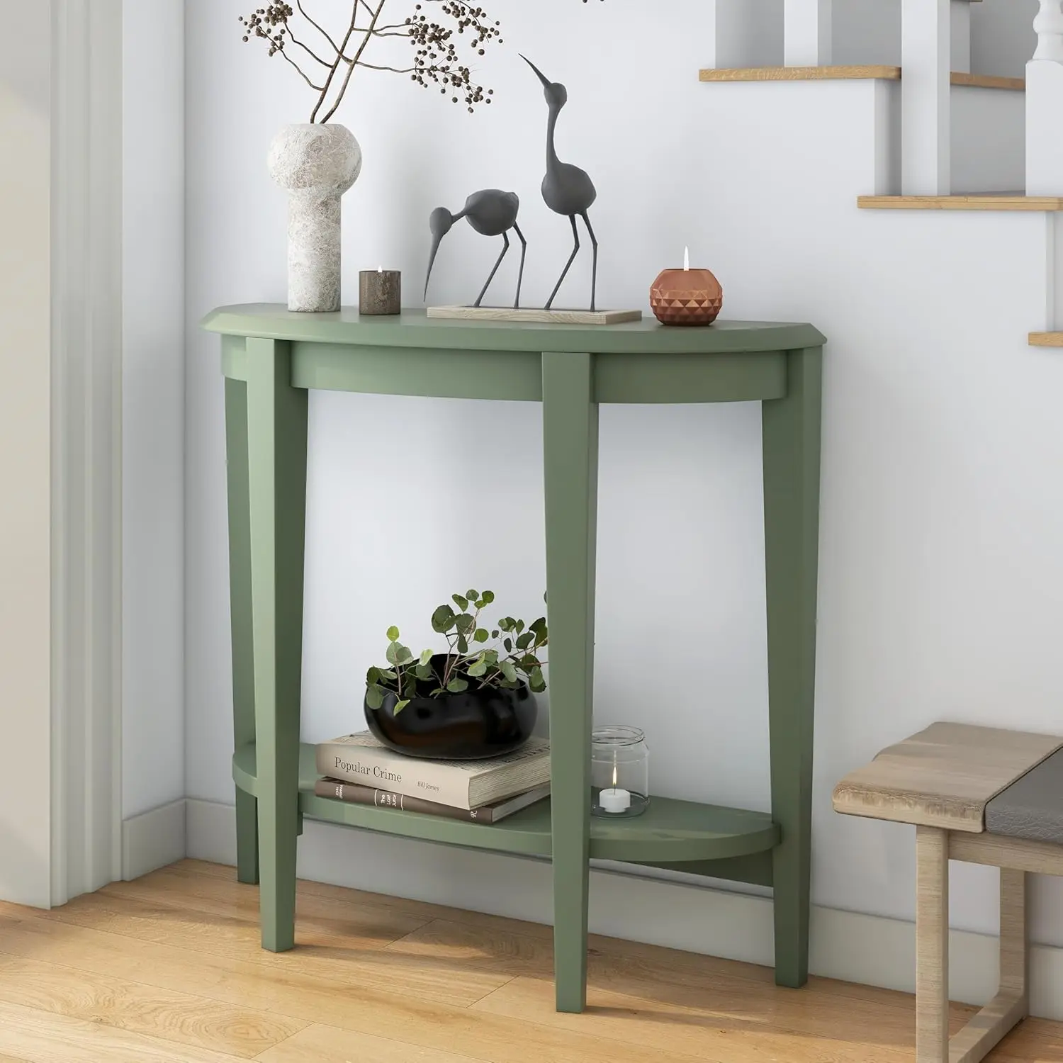 Homes: Inside + Out Payne Modern Half Moon Accent Console Table With Storage Shelf, Decorative Entryway Furniture For Living