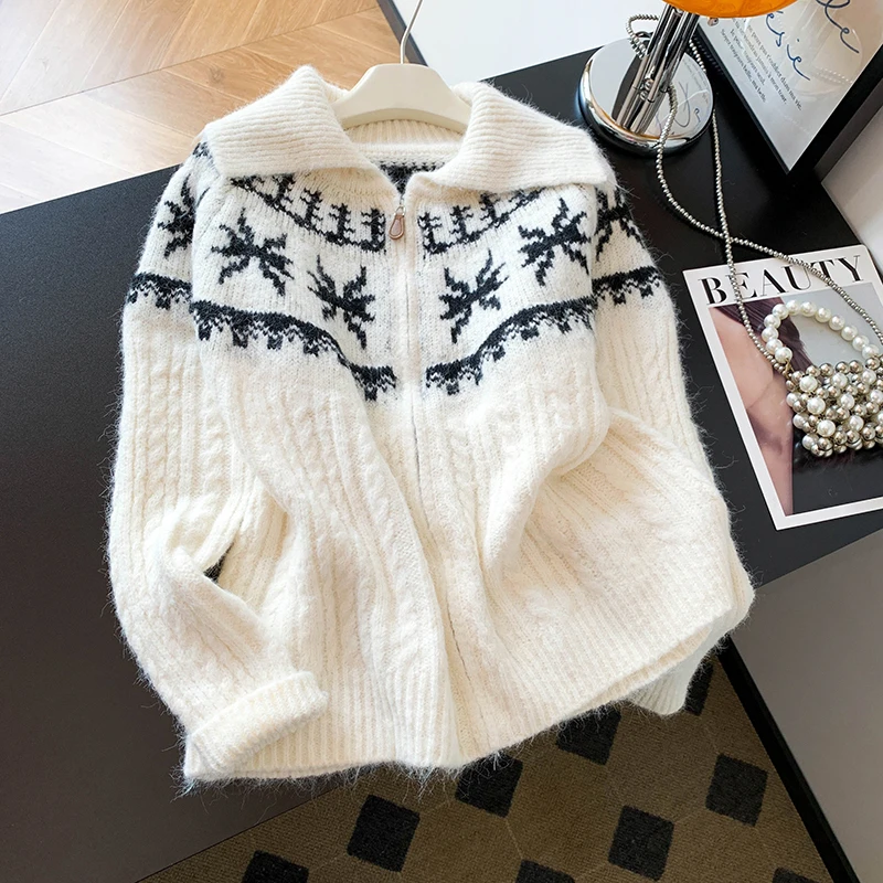 

Soft Cozy Alpaca Wool Fce Island Texture Leather Zipper Sweater Jaet Korean Sle Large Collar Twist Yarn Sensation