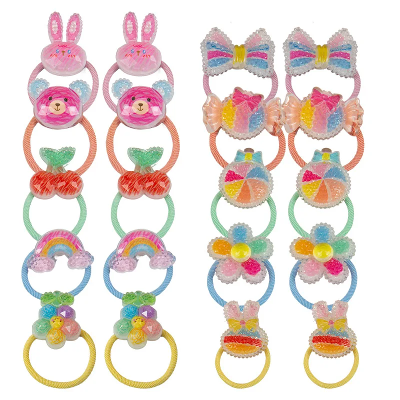 

10Sets 10in1 Cute Resin Rabbit Rainbow Bow Candy Flower Cherry Bear Ponytail Holder Elastic Hair Bands Boutique Hair Accessories