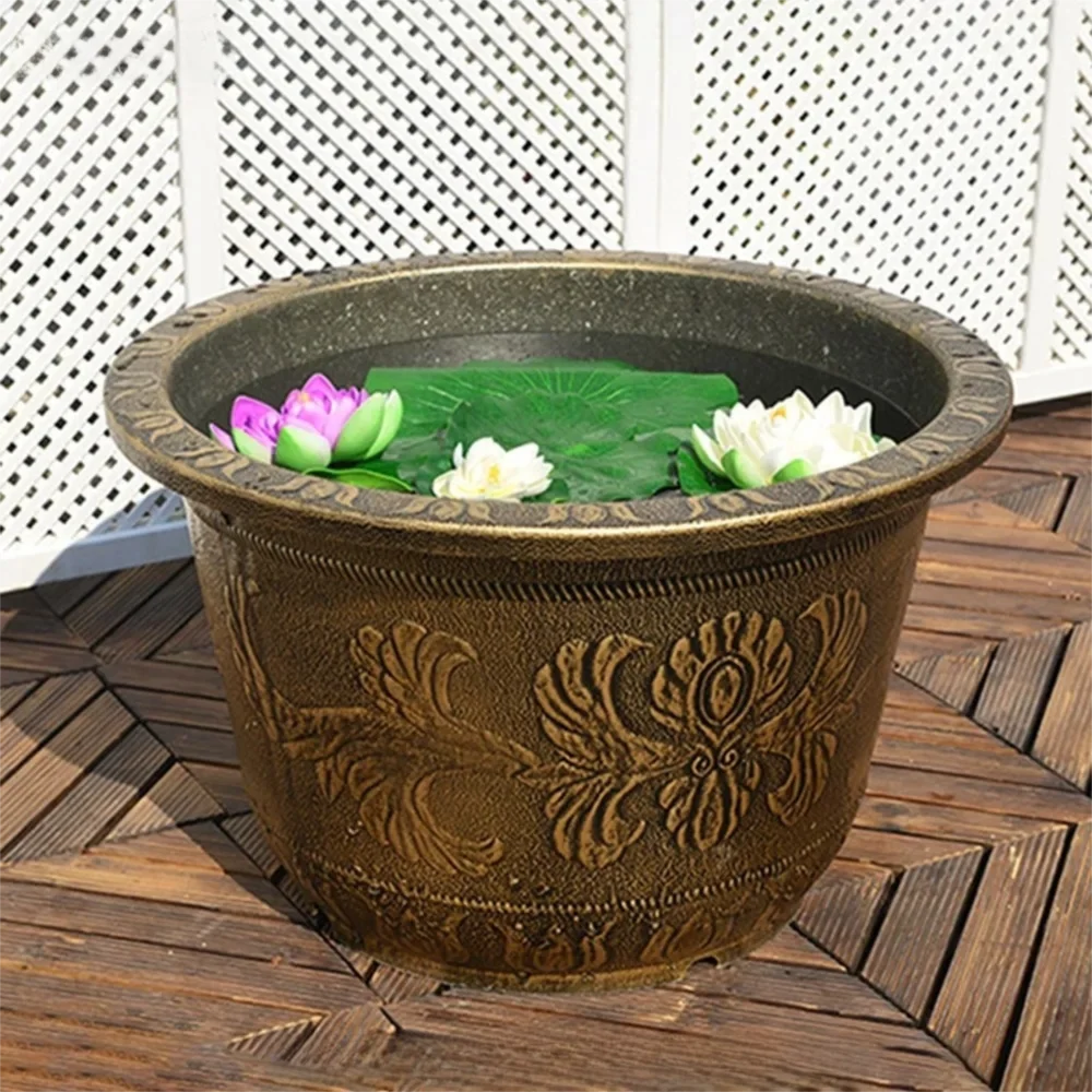 Resin Lotus Planter Pot Large 19cm Height Water Reservoir Planter Copper Bronze 7.5L Capacity Retro Flower Pot Outdoor Use