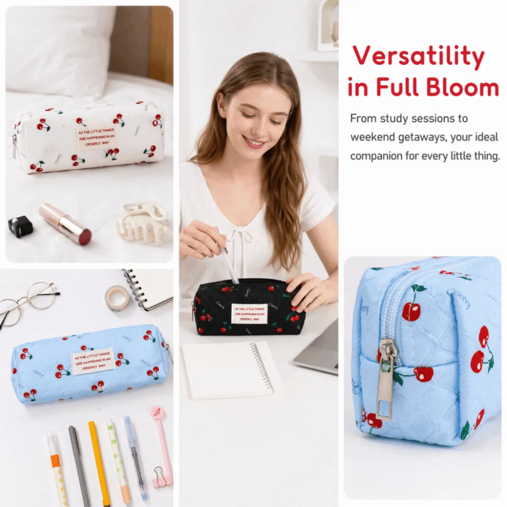 Multi Function Cherry Print Pencil Case Large Capacity Pencil Pouch Stationery Bag Students