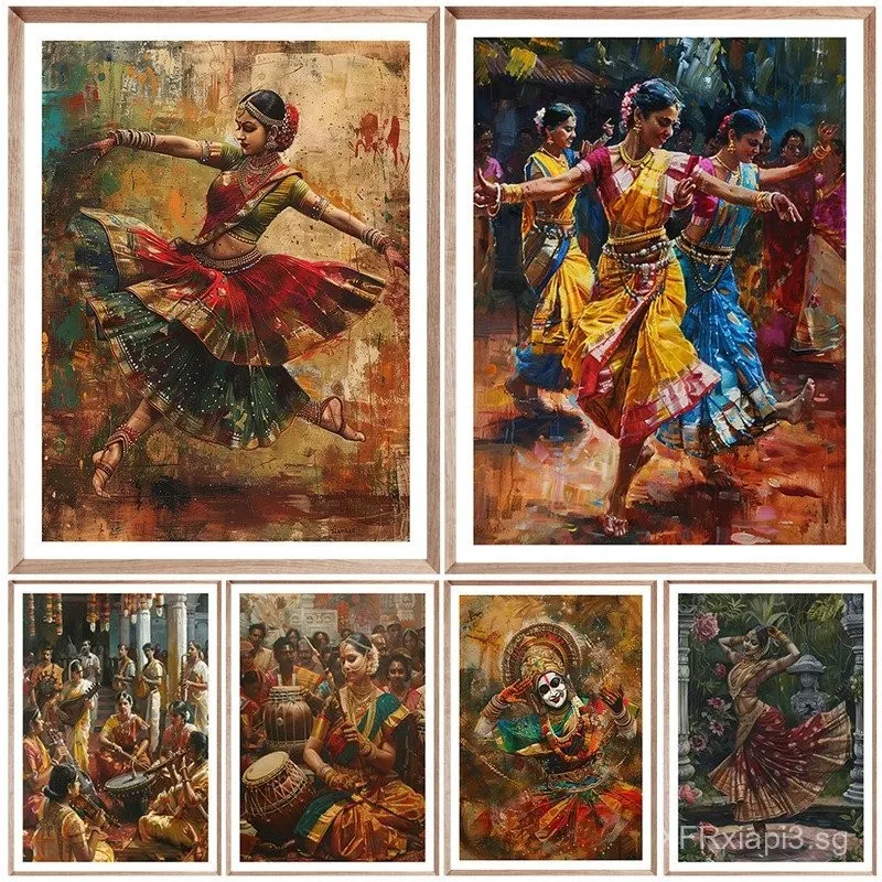 Pôster de arte de dança indiana tradicional Tamil Nadu dança folclórica decoração de parede pintura em tela presente