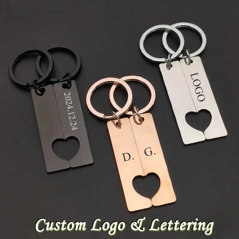 Custom Logo Stainless Steel Key Chain Polished Rectangular Love Heart Keychain DIY Couple Pendant Long Strip Tag Keyring Gifts