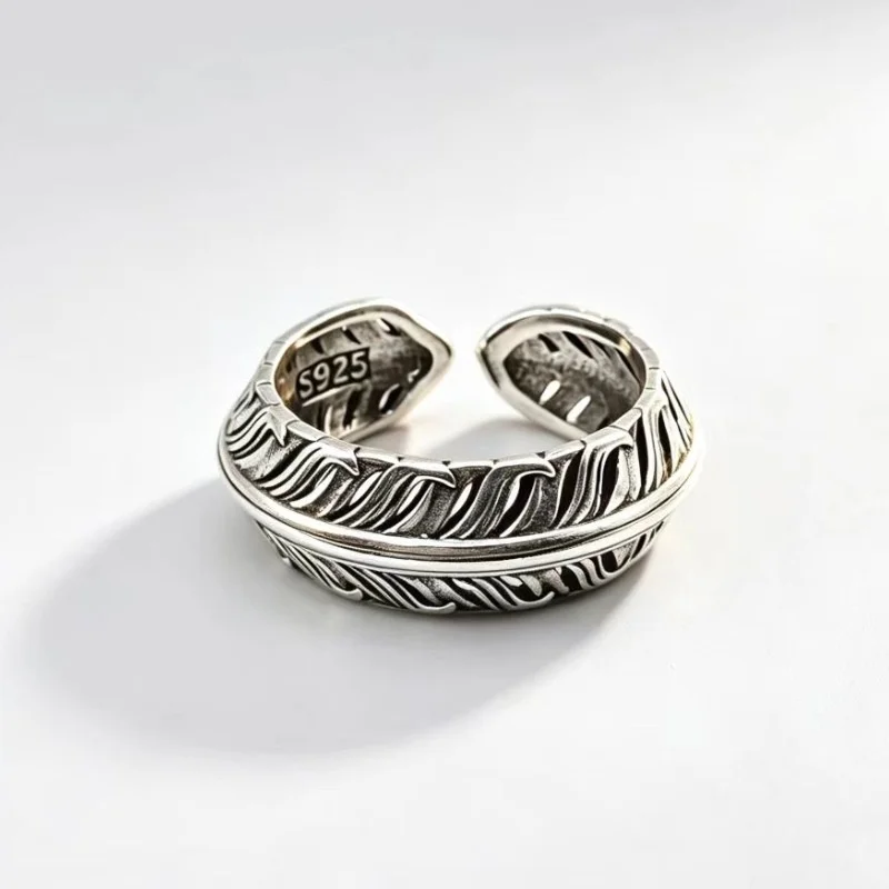 QEENKISS 925 Sterling Silver Vintage Feather Rings for Women Men Birthday Wedding Party Christmas Boy Girl Father Gifts RG7184