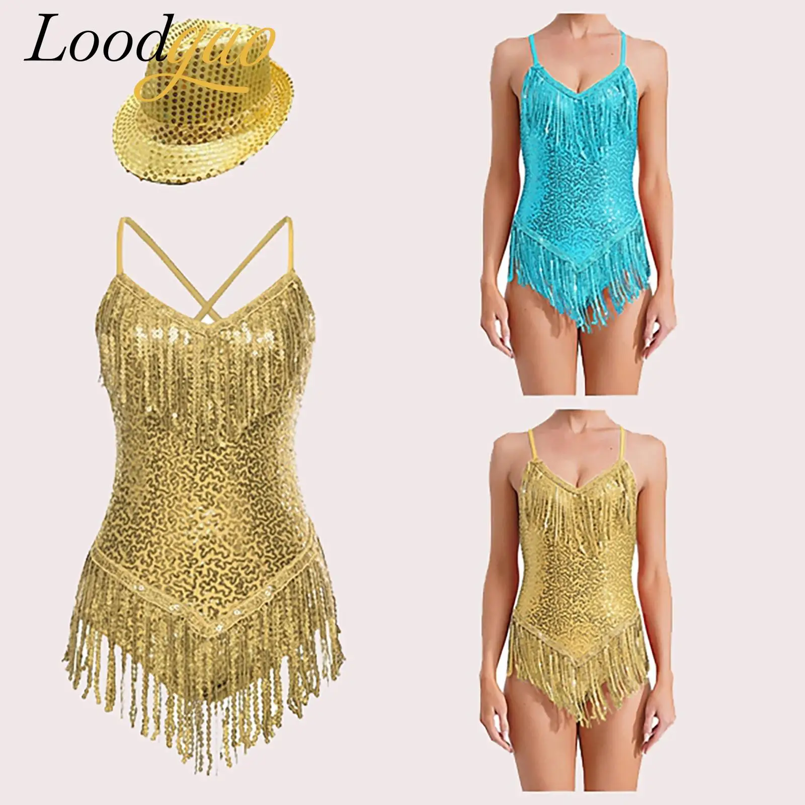 Women Salsa Cha-cha Tango Jumpsuit Sequins Ballroom Performance Fringed Bodysuit with HatLatin Dance Costume Tassels Leotard