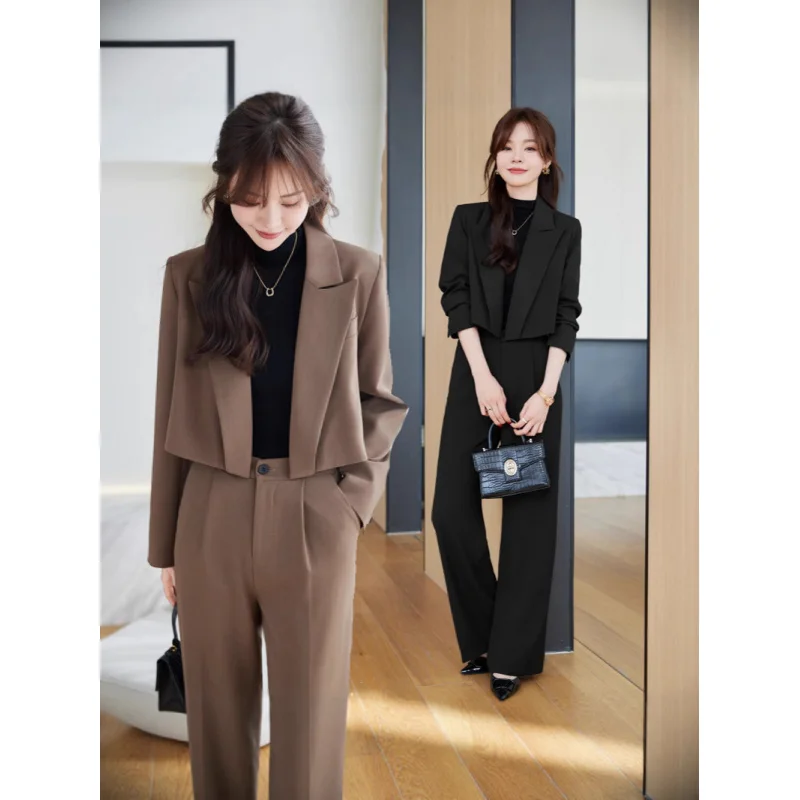 

Миниатюрный костюм, модная короткая профессиональная одежда, элегантный маленький блейзер в стиле богини, комплект с широкими брюками, куртка для женщин, весна-осень