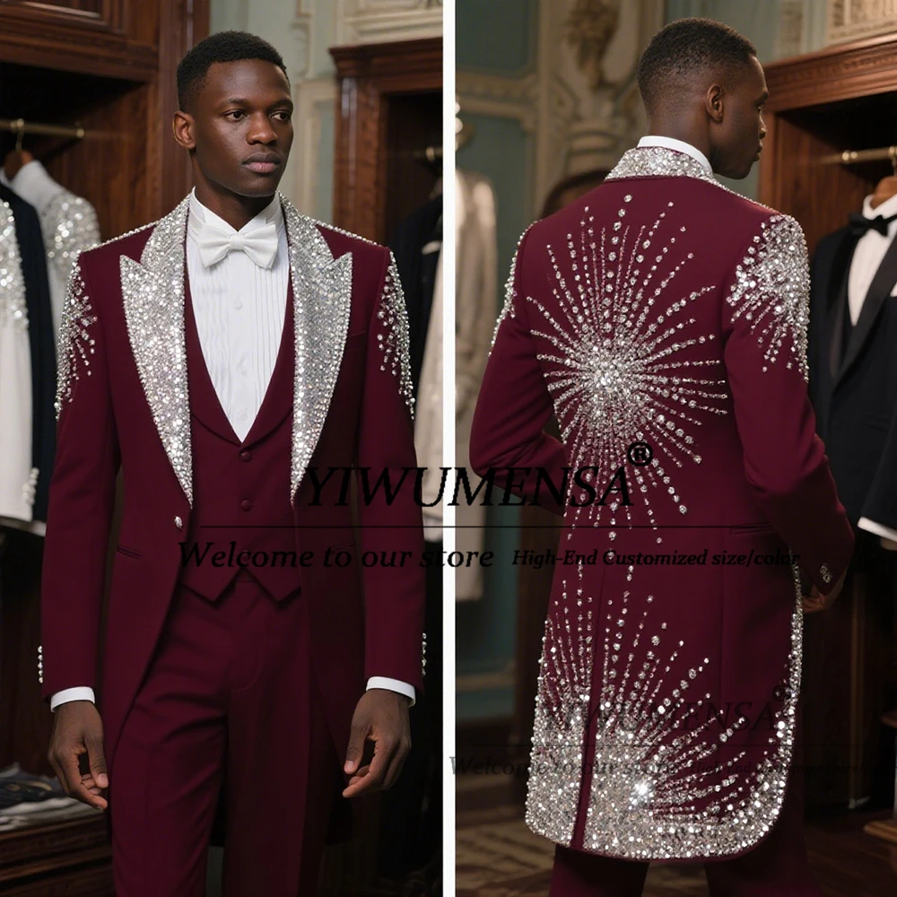 

Sparkly Beaded Crystals African Suit Men For Wedding Customized Prom Blazers Outfits 3 Pieces Sets Groom Tuxedos terno masculin