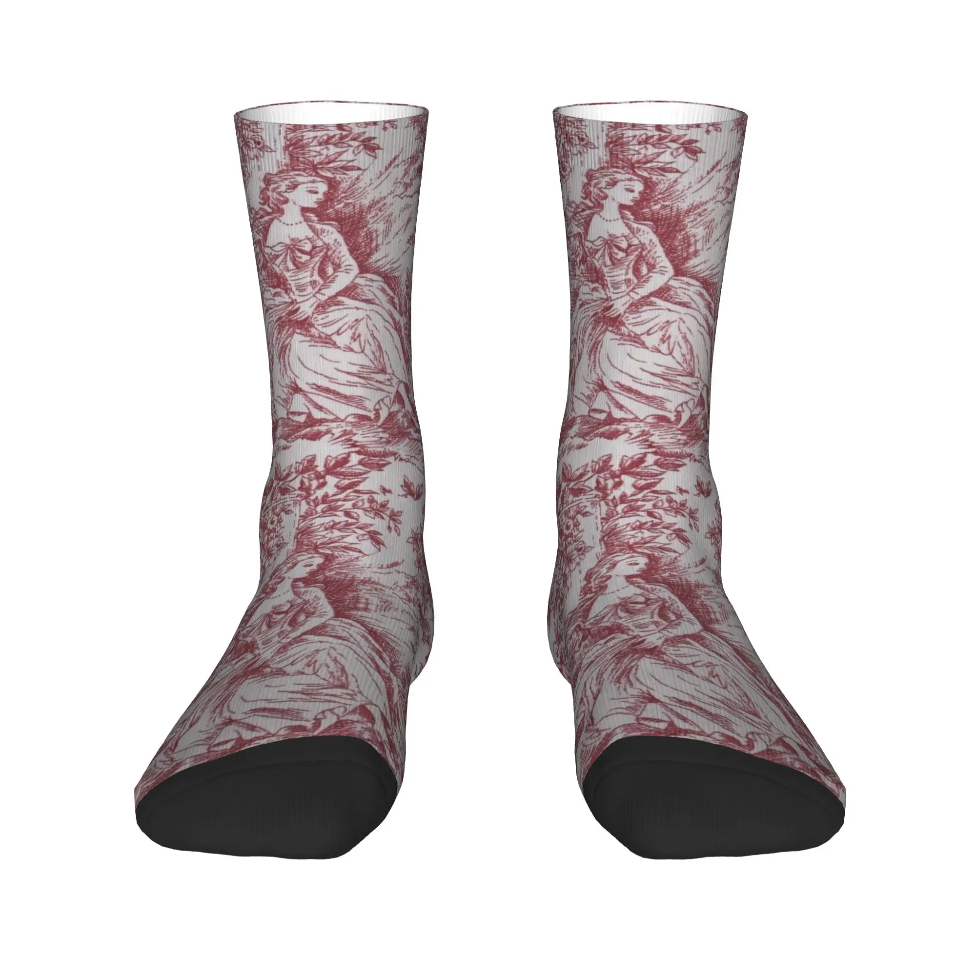 Custom Fun Printed Classic Red French Toile De Jouy Motif Pattern Socks for Men Women Stretch Summer Autumn Winter  Crew Socks view 2