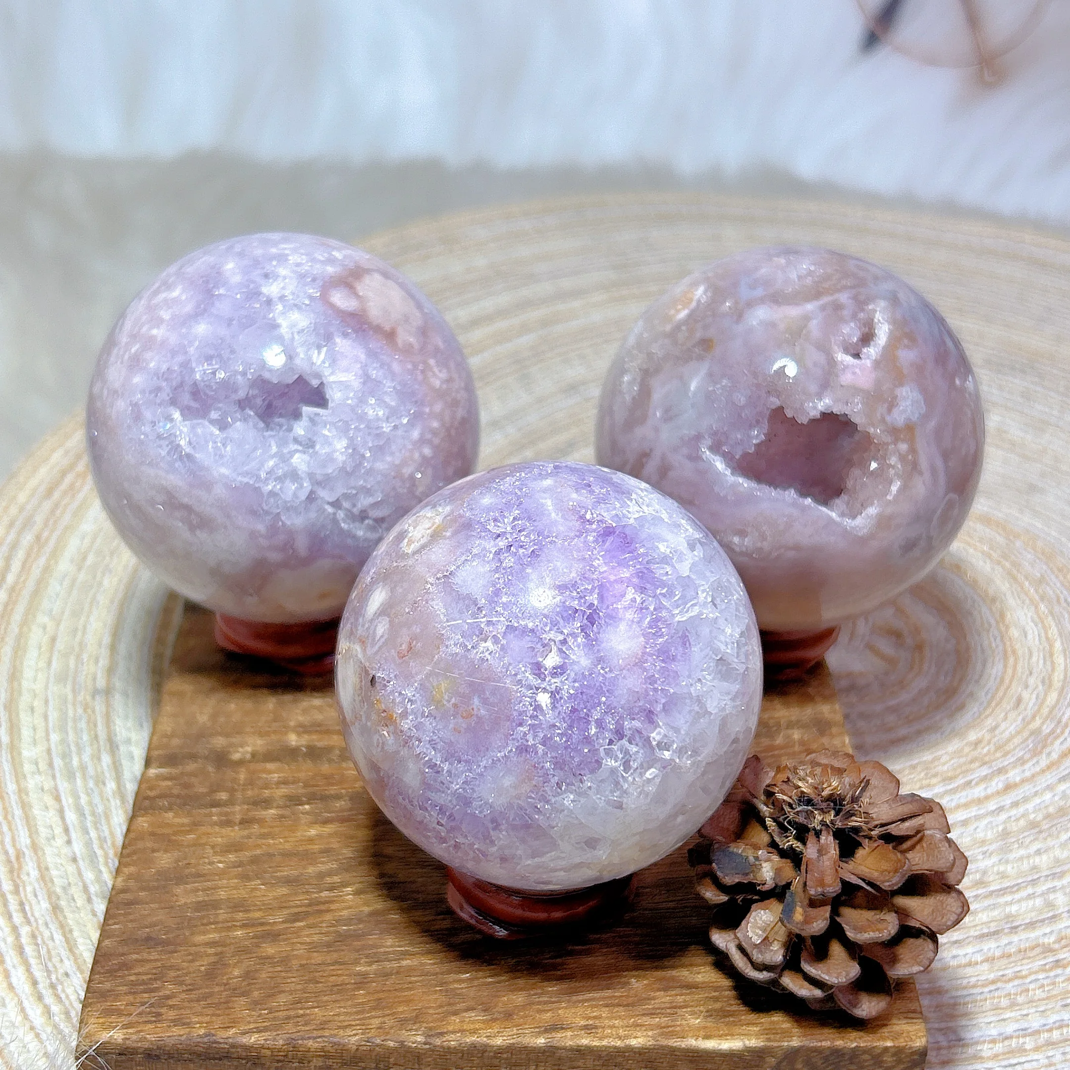 Natural Crystals Pink Amethyst Flower Agate With Pyrite Sphere Geode Druzy High Quality Healing Home Decorations Room Decor