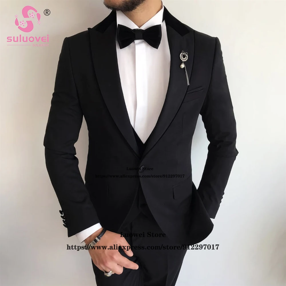 

New Design Peaked Lapel Suits For Men Slim Fit 3 Piece Jacket Vesty Pants Set Male Business Blazer Formal Groom Wedding Tuxedo