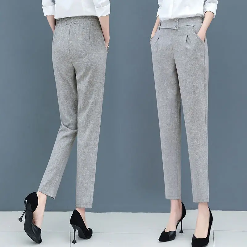 Temperament Spring Summer Thin Pants New Women Elastic Waist Pockets Button Fashion Office Lady Slim Ankle Length Haren Trousers