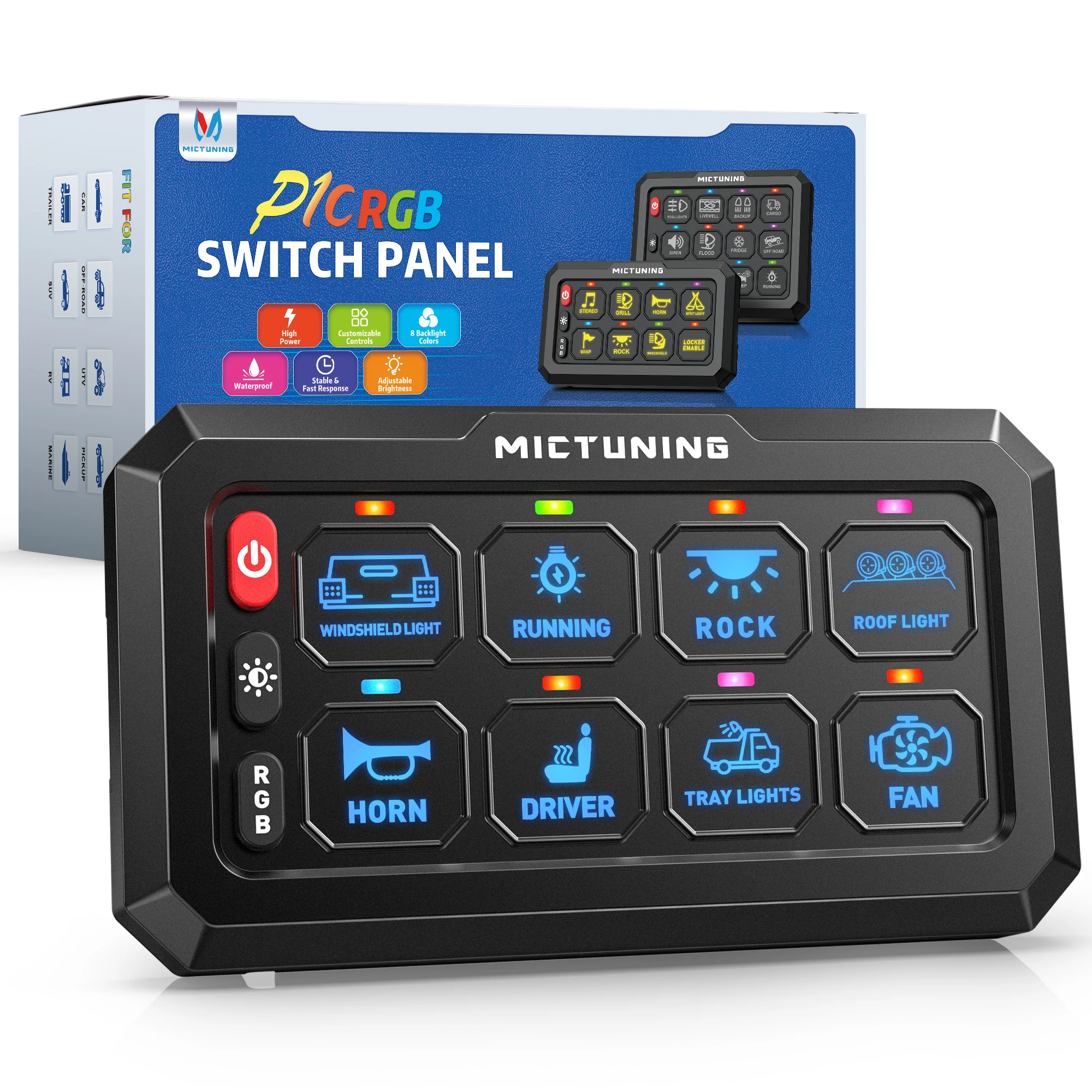 8/12 Control Panel  Multi-Function Electronic Relay RGB Switch Panel For  Truck ATV UTV Car  Boat 960W (12V)  1920W (24V)
