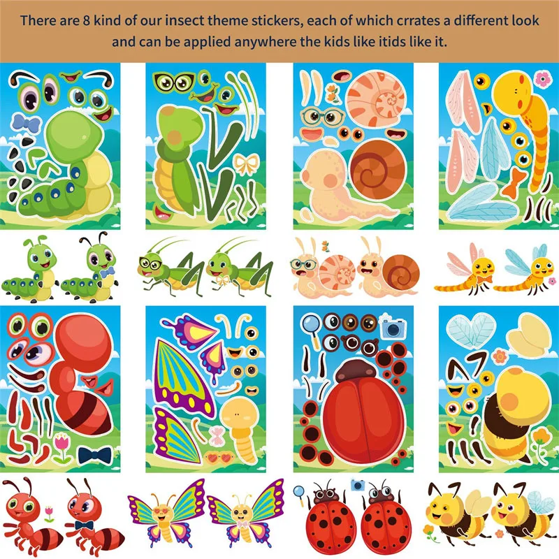 8-24sheets Make Your Own Bugs Stickers Kids DIY Butterfly Beetle Bee Snail Make A Face Sticker Insect Party Favor Children Gifts