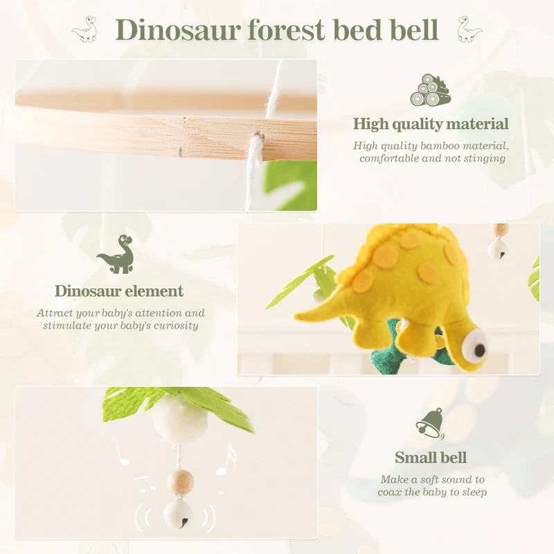 Baby Crib Mobile Bed Bell Wooden Rattles Toys Soft Felt Cartoon Dinosaur Forest Hanging Bed Bell Mobile Crib Bracket Baby Gifts