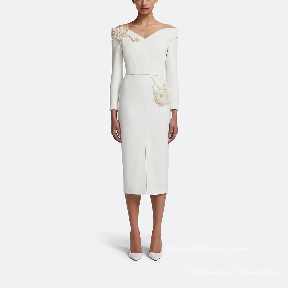 

Эластичные креповые вечерние платья с открытыми плечами и украшенным жемчугом, прямые рукава 3/4, вечерние платья для улицы, вечерние платья