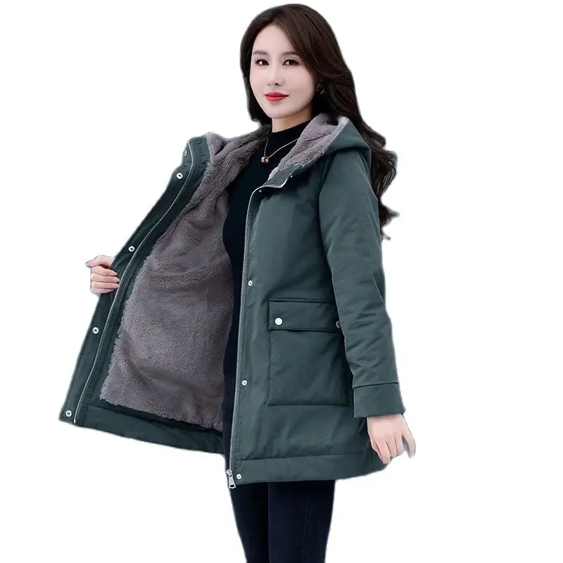 Casaco grosso de veludo com capuz feminino, casaco quente, parkas soltas de algodão, outwear monocromático, moda casual feminina, coreano, outono, inverno