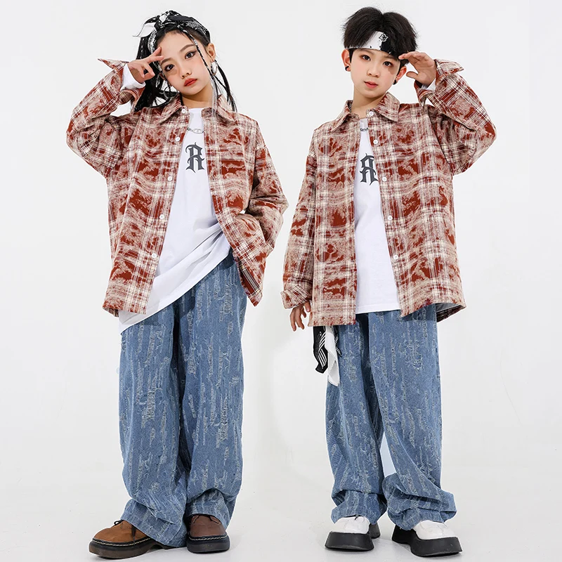 Girls Hip Hop Clothing Denim Street Dance Cargo Pants Boys Streetwear Jacket Clothes Sets Children Jazz Outfits Kids Costumes