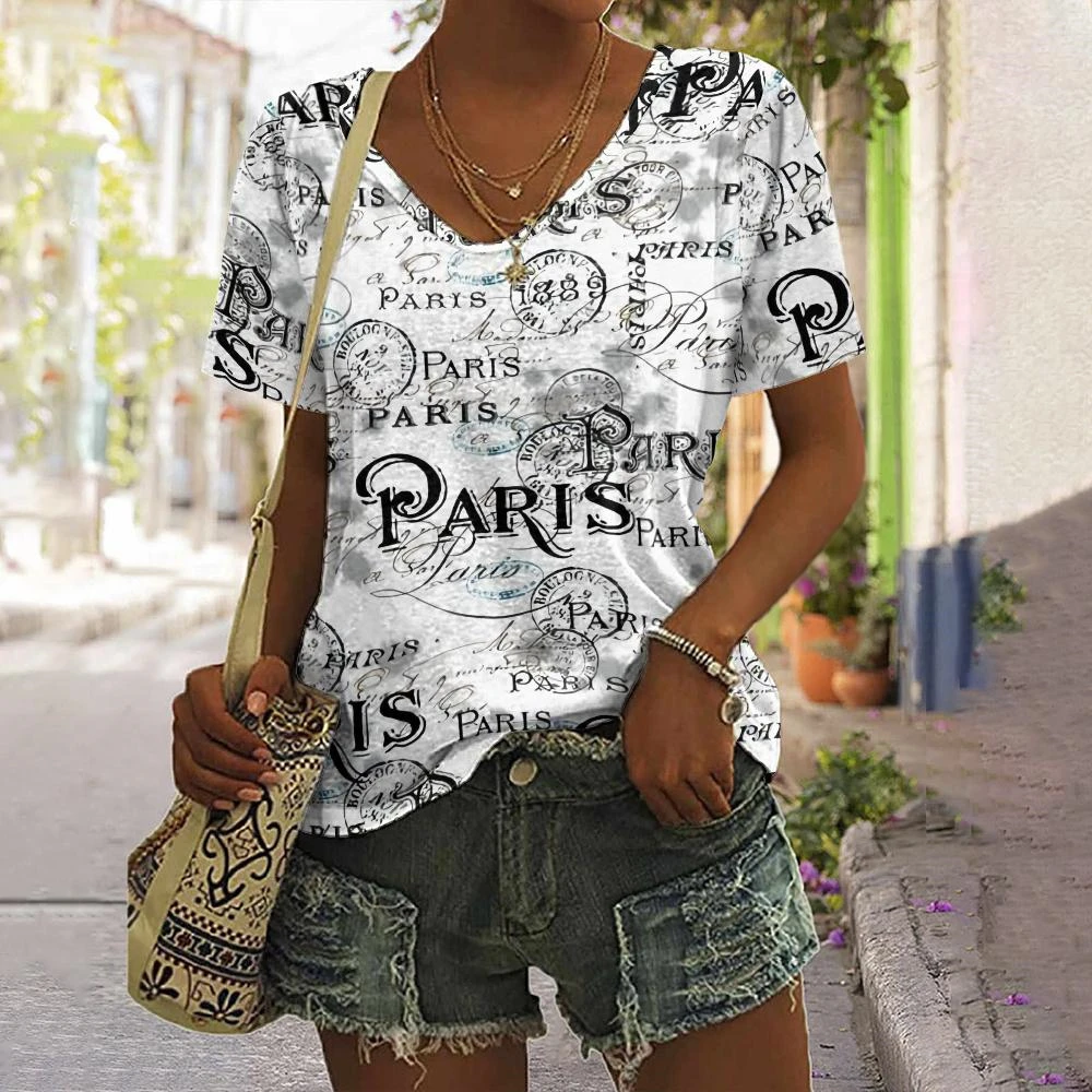 Vintage Black and White Letter Print Women\'s T-Shirts Design Female V-Neck Top Plus Size Shirt Summer Women\'s Clothing Casual