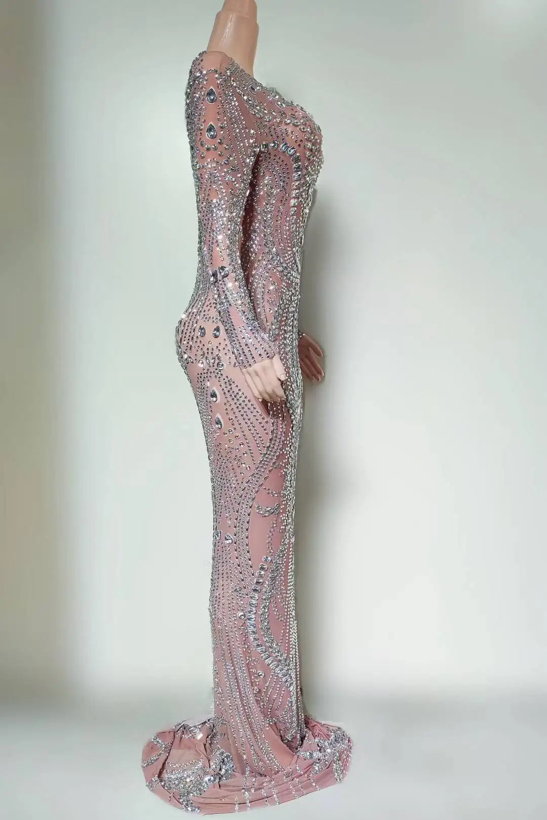 Mengjing Elegant Women Tailed Dress Shining Full Diamond High Elastic Long Sleeve Dress Banquet Birthday Cocktail Ball Dress
