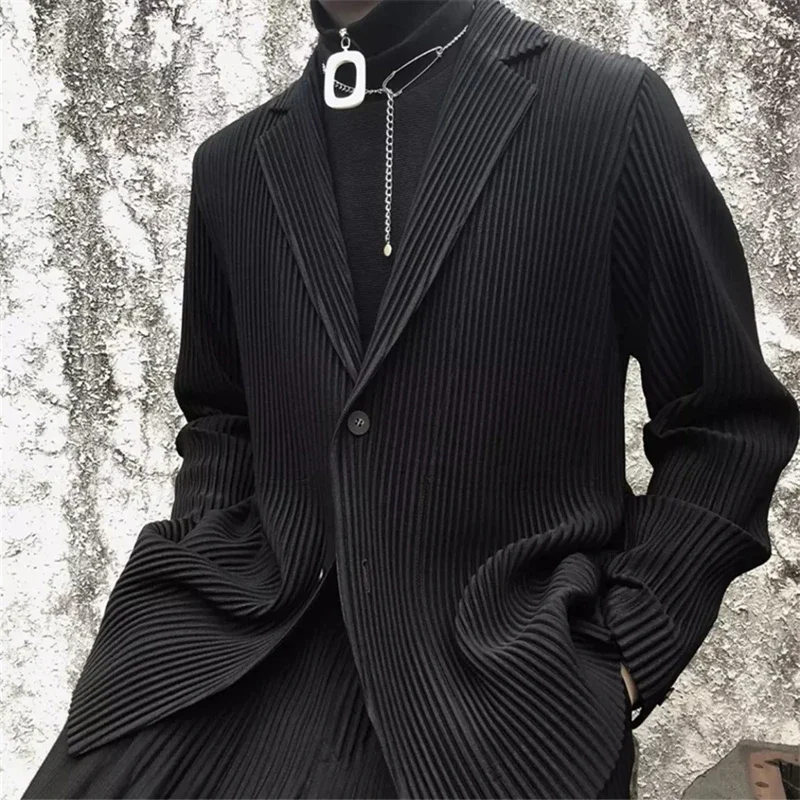 Miyake Pleated Men 2024 New Office Black Blazer Luxury High Fashion Suits Partially Lined Autumn Winter Coat