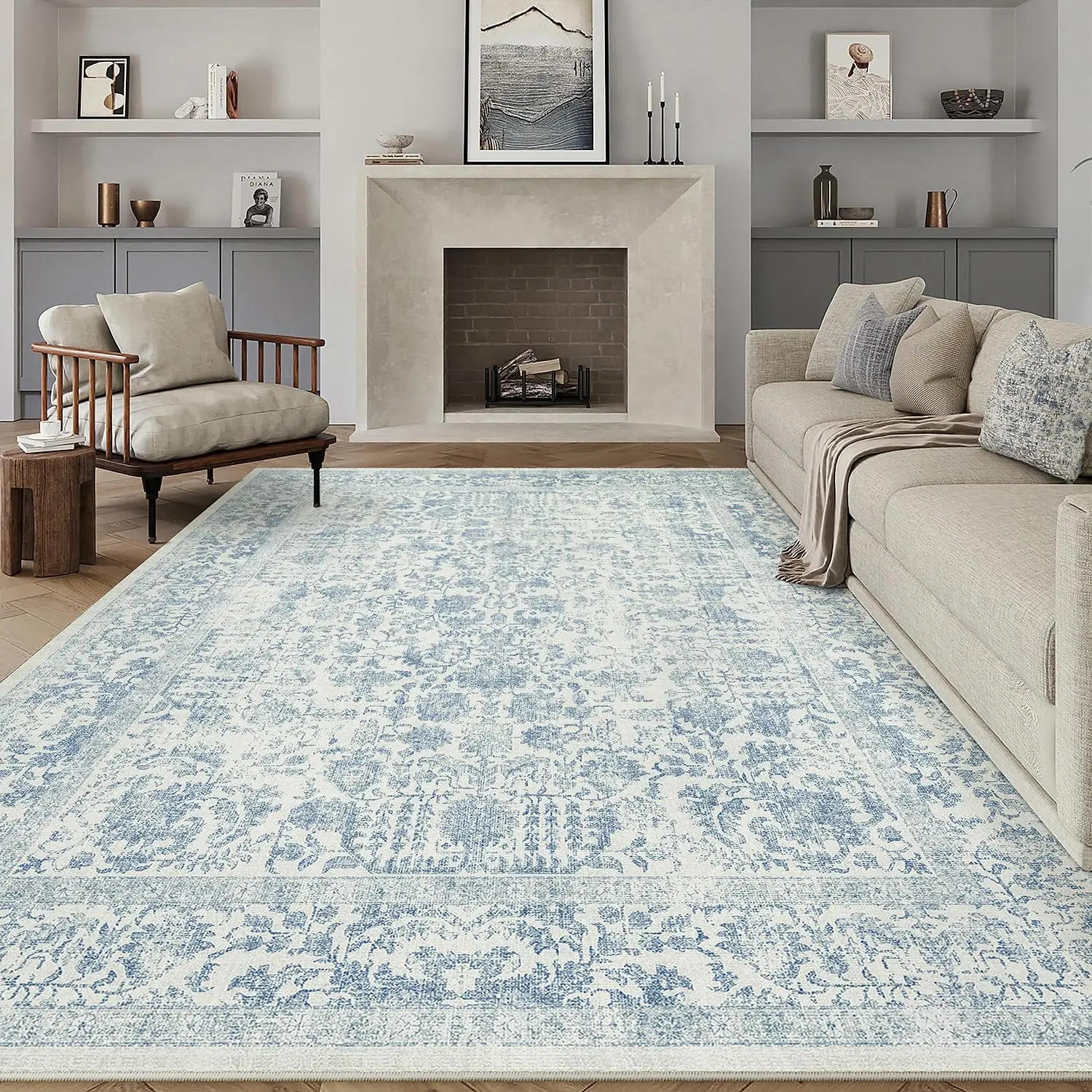 Polypropylene Area Rug, Vintage Floral Pattern Floor Carpet For Living Room Dining Area And Bedroom, Durable Washable Large Indoor Mat, Blue Single Pack - view 6