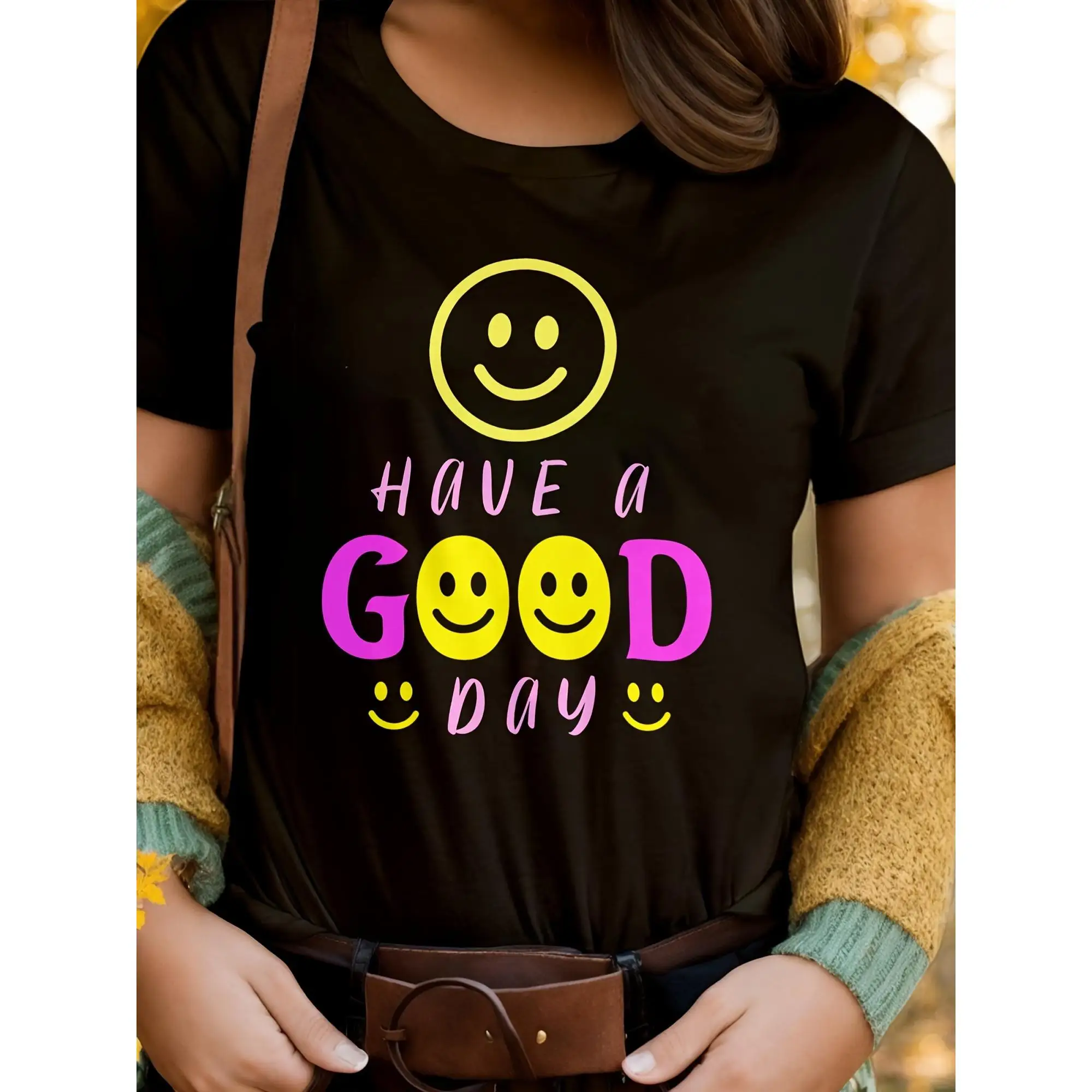 

Women's Have A Good Day Smiley Face T-shirt, Cute Positive Slogan Graphic Top, Funny Crewneck Casual Tee for Daily Wear