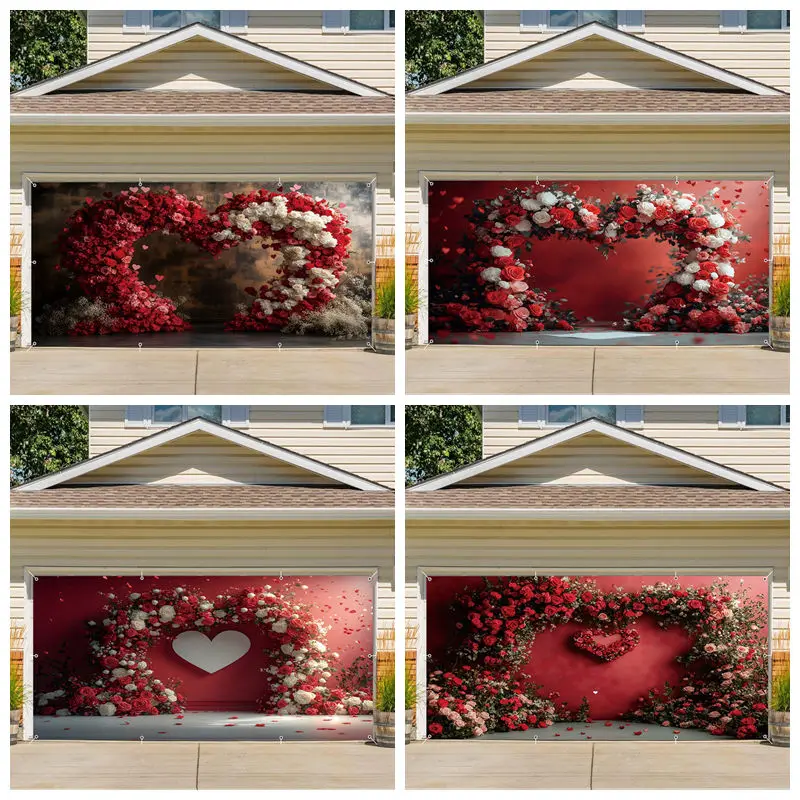 Valentine's Day Garage Door Backdrop Red Wall Rose Love Heart Arch Flower Wedding Party Garage Door Outdoor Home Courtyard Decor