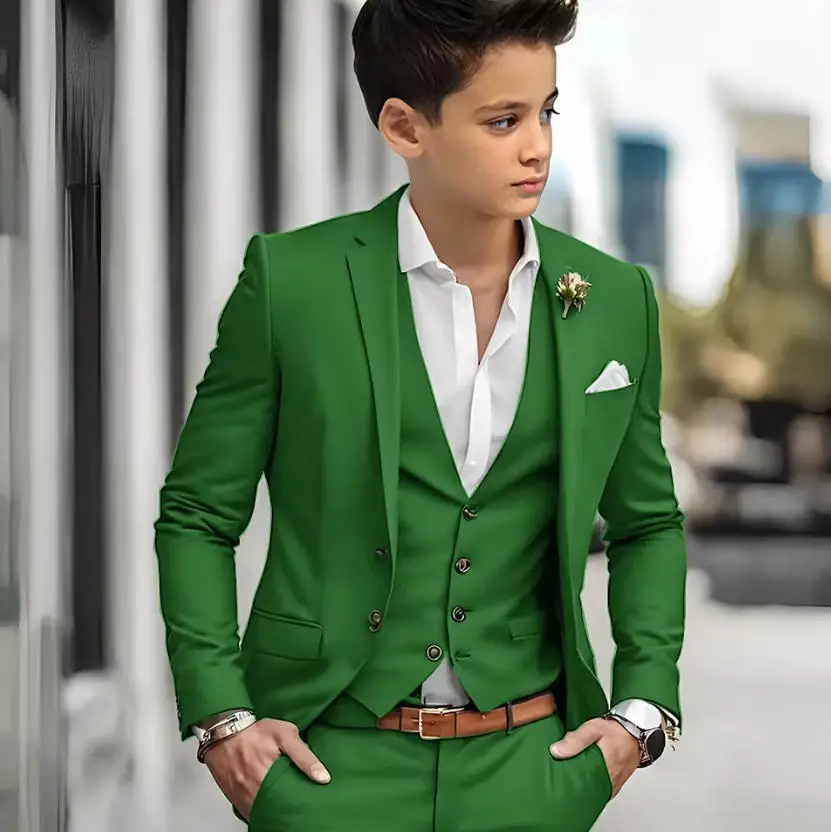 الفاخرة الأخضر الأولاد الدعاوى 3 قطعة سترة السراويل سترة أنيقة الزفاف الصبي الملابس عالية الجودة مخصصة مجموعات كاملة زي الاطفال