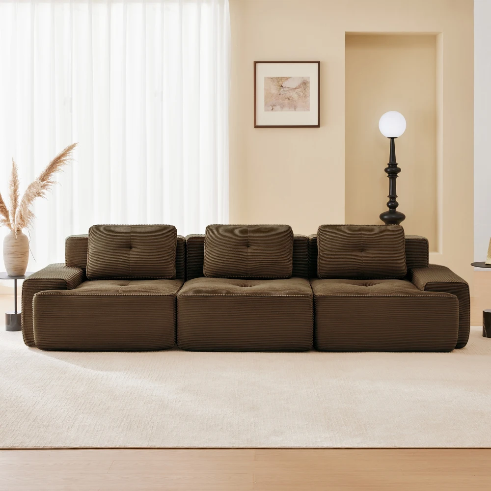 

117" Modern Modular Sectional Sofa,Corduroy,3-Seater,Pearl Piping,No Assembly,Brown