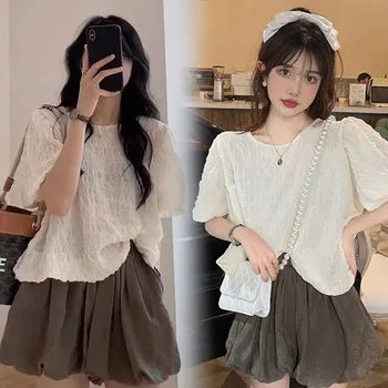 임산부 주름 셔츠, 달콤한 퍼프 슬리브, O-넥 도비 탑, 임산부 블라우스 의류, 여름 패션 Best5 임산부 주름 셔츠, 달콤한 퍼프 슬리브, O-넥 도비 탑, 임산부 블라우스 의류, 여름 패션 Best5