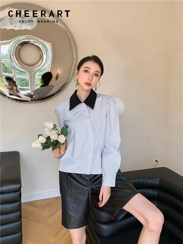 

CHEERART Preppy Style Puff Sleeve Striped Blouse Women Long Sleeve Top Button Up Collared Shirt Korean Fashion Clothing