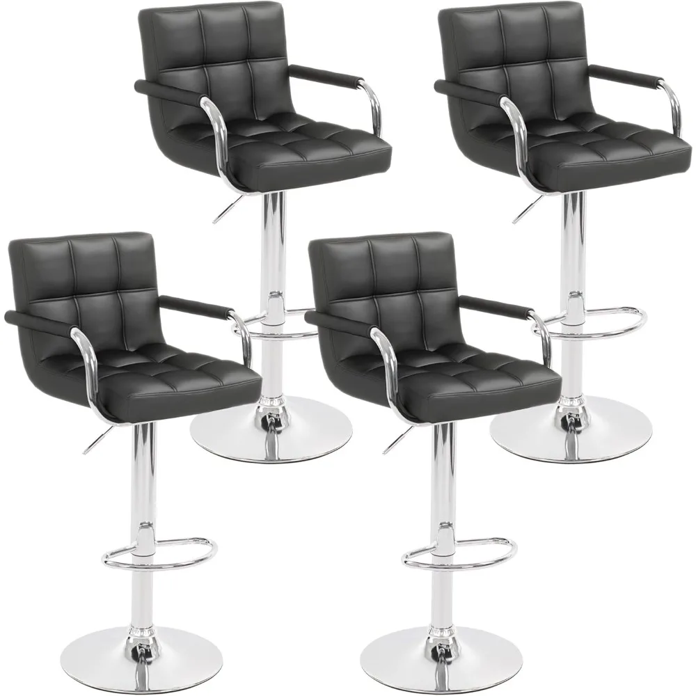 

Leather Bar Stools Set of 4, Adjustable Swivel Square Bar Chairs, Counter Height Barstools with Arms and Large Base fo