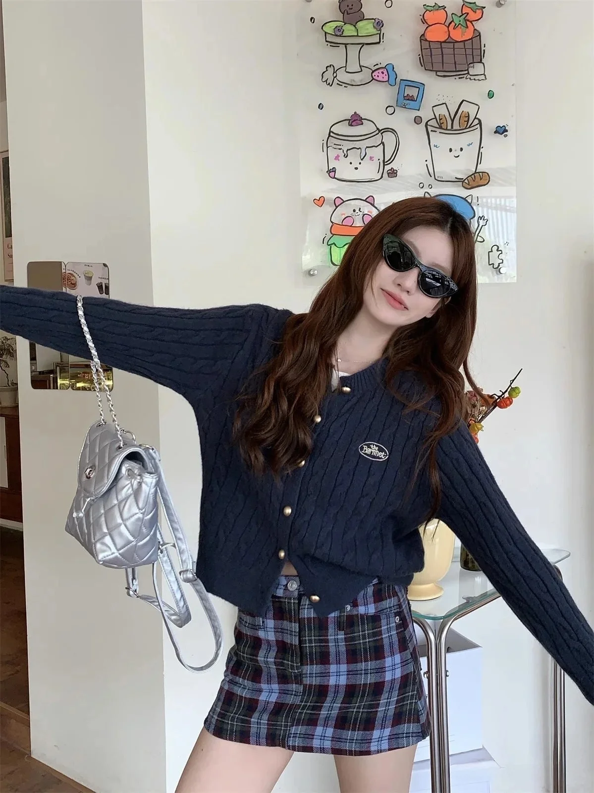 Cardigan Coreano a Maglia Ricamata con Bottoni, Lunghezza Media, Stile Elegante