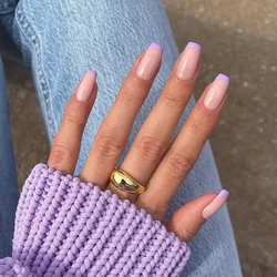24Pcs Press on Nails Fake Full Cover Nail Art Decoration French False Nail Tip Wearable Purple Edge Design Fake Nails with Glue
