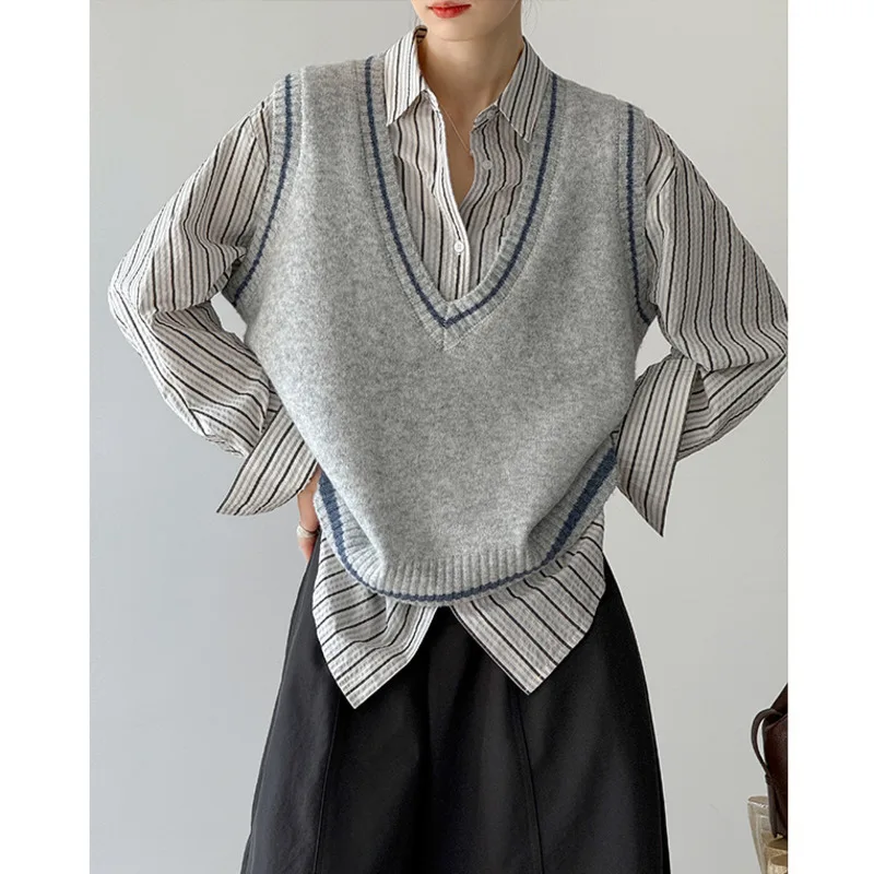 

Осенний свитер с цветными блоками, жилет, женские свободные вязаные топы без рукавов из 6% шерсти с v-образным вырезом