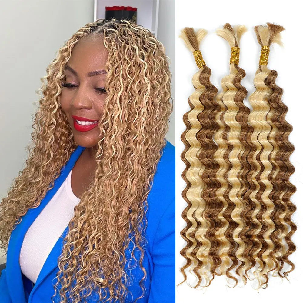 Linhua P27/613 Blonde Deep Wave Braiding Human Hair For Micro Crochet Boho Bohemian Braids Curly Highlight Double Drawn Bulk