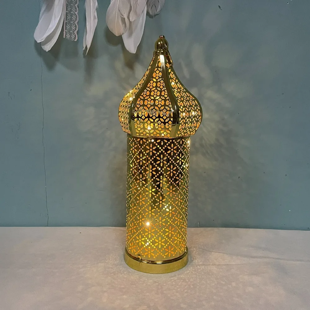 

Home Ornament Iron Art Moroccan Night Light Vintage Battery Powered Masjid Lantern Hollow Ramadan LED Light Islam Muslim