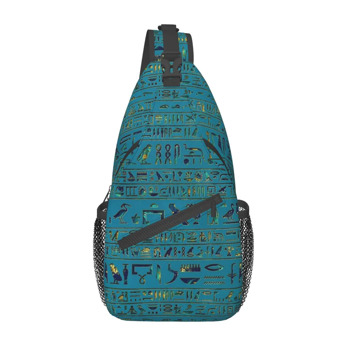 Borsa a tracolla a tracolla in pelle Teal Hieroglyphs egiziana borsa a tracolla piccola zaino a tracolla orientale Daypack per viaggi escursionismo sport