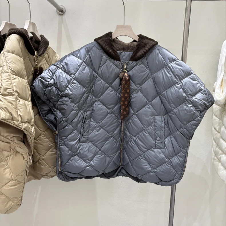 Schinteon Women's 90% White Duck Down Irregular Vest with Knitted Hood Sleeveless Jacket Fashionable Autumn Winter Cape 2026 New